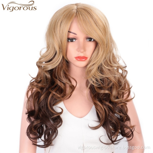 Vigorous Ombre Blonde To Brown Synthetic Long Wavy Hair Wig Fluffy Side Part Hairstyles Women's Cosplay Wig High Temperature